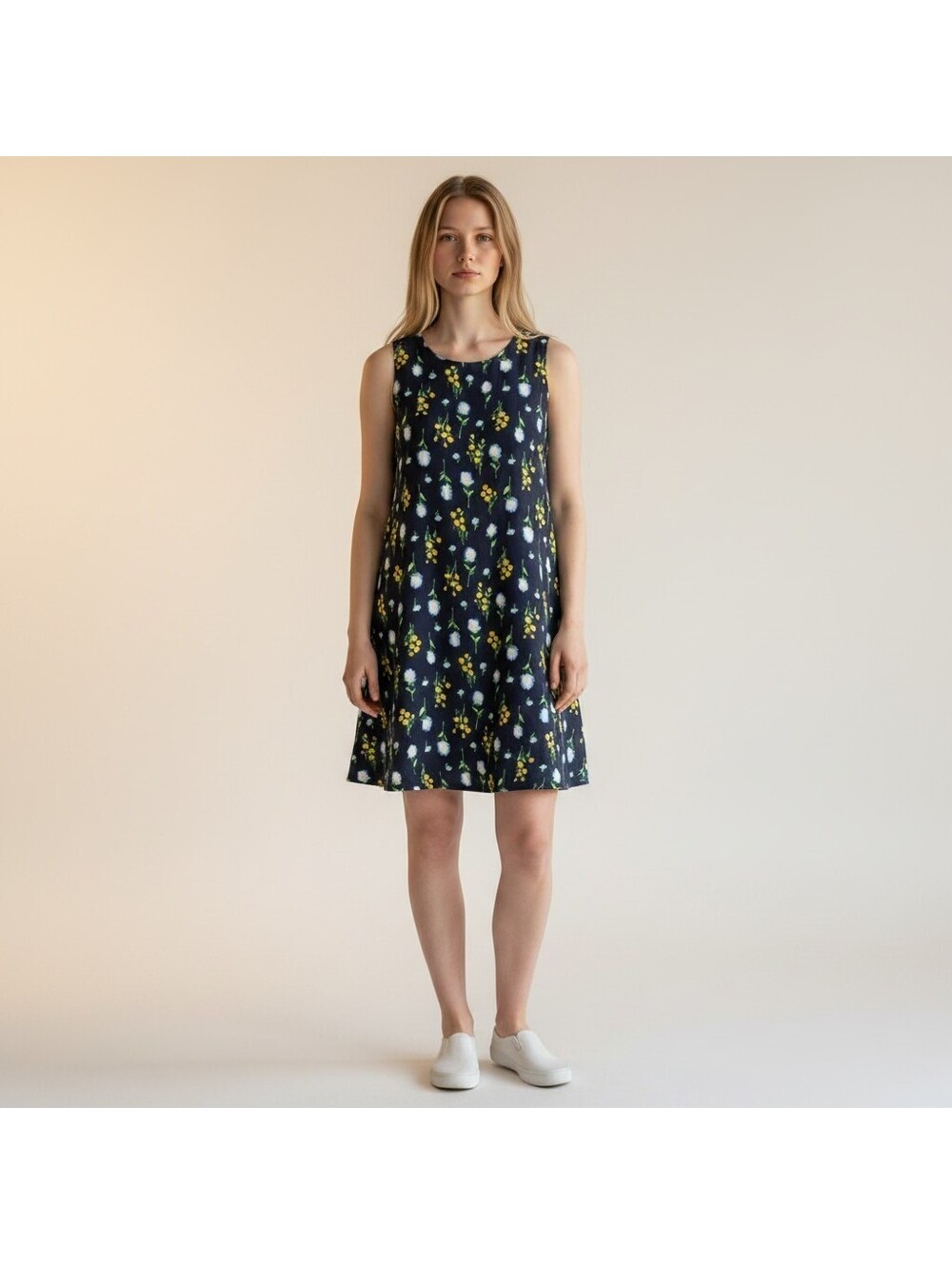 Studio Ease Dress Women L Large Blue Floral Shift Midi Sleeveless Hook & Eye